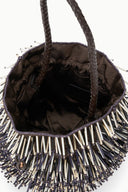 Porcupine spike bag with open lined interior and braided handles, dark fabric trim