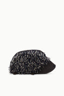 Black and silver beaded fringe clutch bag with curved top frame