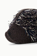 Black beaded clutch with dense silver needle fringe detail