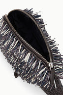 Black and silver fringed clutch bag with gold-tone zipper and side fringe