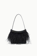 Black feather fringe handbag with beaded top trim and short handles