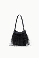 Black feather fringe handbag with arched handles and beaded band