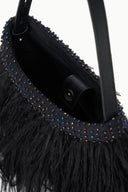 Black beaded feather handbag with black leather pocket and side handle