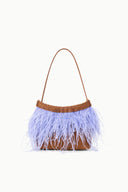 Bronze and light-blue feather fringe handbag with short top handles and beaded trim