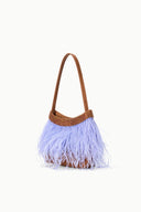 Light-blue feather fringe handbag with bronze top handles and rounded beaded trim band