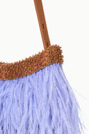 Bronze beaded top band on light-blue feather fringe handbag