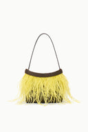 Yellow fringe mini handbag with arched top handle and dark beaded collar trim.