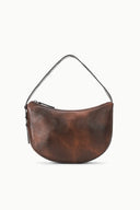 Espresso brown distressed leather hobo shoulder bag with short handles and zip closure