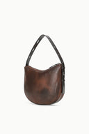 Espresso brown distressed leather hobo shoulder bag with curved handles and zip top