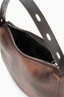 Espresso brown leather hobo bag interior view with zip closure and metal grommet strap