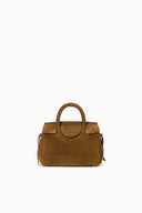Cigar-brown mini carryall handbag with top handles and side tassel ties.