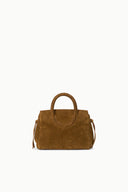 Cigar-brown mini carryall handbag with structured shape and side tassels.