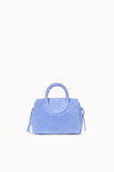 Light blue mini carryall handbag with rounded top opening and side tassels