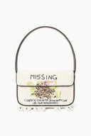 Beaded mini handbag with arched handle, cream front flap and dangling beaded fringe