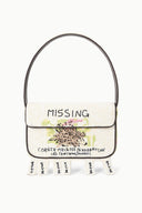 Beaded mini handbag with cream flap, multicolor center detail and dangling fringe