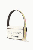 Beaded mini shoulder bag with rainbow side trim, cream front and dangling zipper cord