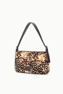 Haircalf shoulder bag with brown-and-black speckle print, flap closure, black strap