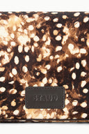 Haircalf flap bag with STAUD logo leather patch on brown speckled fabric