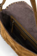 Open cigar-brown suede handbag interior with zip pocket and stitched side panel