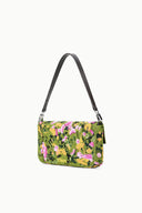 Woodland print convertible shoulder bag in green with pink flowers and shoulder straps