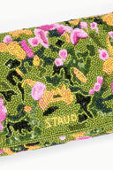 Green woodland floral beaded fabric panel with pink blossoms on the convertible shoulder bag
