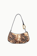 Fawn haircalf hobo bag with speckled dot pattern, curved shape, gold clasp