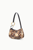 Fawn haircalf hobo bag with speckled pattern and black top handle with gold hardware