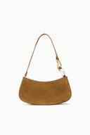 Cigar suede hobo bag with single handle, gold hardware, and rounded shape