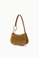 Cigar suede hobo bag with curved shoulder strap and gold ring clasp