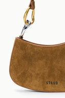 Cigar suede hobo bag with gold ring handle and small front logo patch