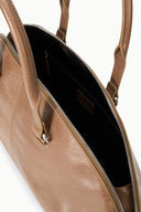 HESTER satchel open interior, black-lined compartment with zipper and leather trim