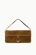 Harlow messenger bag, cigar-brown suede flap with buckle and top handle