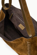 Harlow messenger bag interior view with zip pocket, suede lining, and adjustable strap