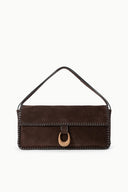 Espresso brown suede mini messenger bag with top handle, flap, and ring closure.