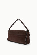 Espresso brown suede messenger bag with stitched trim and top handle loop.