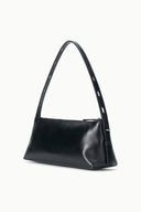 Black shoulder bag with long straps and structured, angled front
