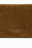 Brown suede shoulder bag with embossed logo on the front panel