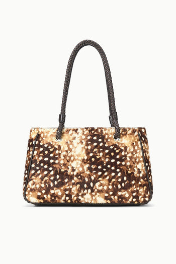 FIONA shoulder bag in fawn leopard-print haircalf with black braided handles