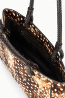 FIONA shoulder bag interior view with black lining and top zipper on speckled haircalf