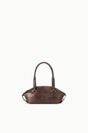HESTER mini shoulder bag in distressed espresso brown leather, top handles, metal rings
