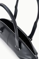 Black mini shoulder bag with open zip top and adjustable shoulder strap