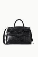 Black croc-embossed carryall bag with top handle and side shoulder strap