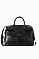 Black croc-embossed carryall handbag with top handle and shoulder strap, front flap