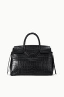 Black croc-embossed carryall with curved top handles and flap pockets