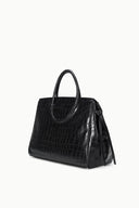 Black croc-embossed structured carryall bag in a side profile