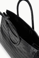 Black croc-embossed carryall bag open view showing interior and side pocket