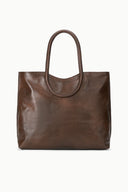 MAUDE North-South espresso tote bag with curved top handles, distressed finish