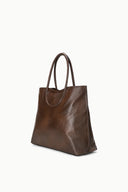 Dark brown leather-look tote bag with curved handles and spacious open top