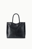 MAUDE black tote bag with wide top handles and smooth structured front panel