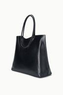 MAUDE black north-south tote bag, side angle view, structured silhouette and handles